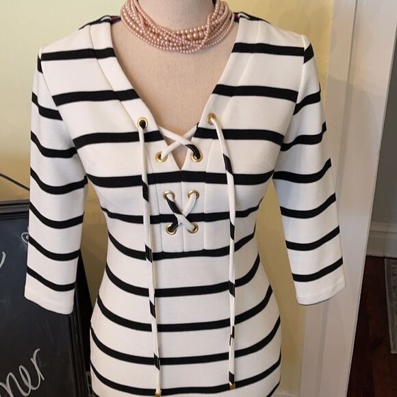 Eliza J Ivory Classic *Chic* Striped Stretch Sheath Dress EUC - Picture 3 of 10